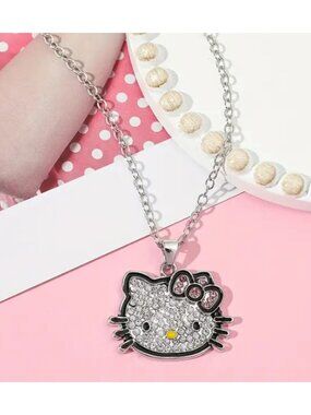 Hello Kitty Rhinestone Pendant Necklace Sparkling Silver Kawaii Charm Adjustable